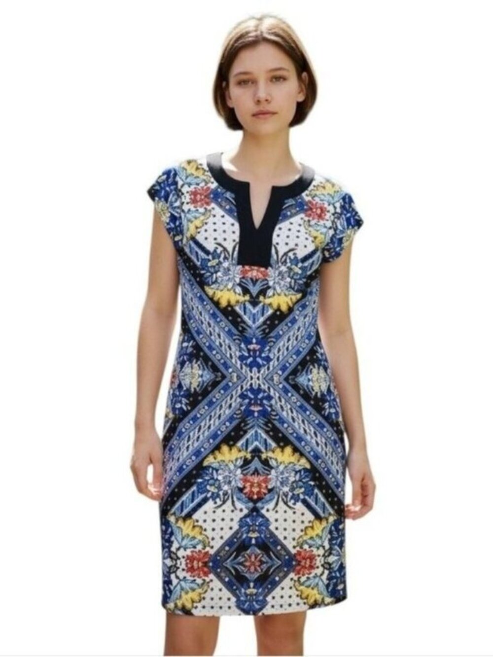 Laundry Boho Split Neck Shift Dress Blue M